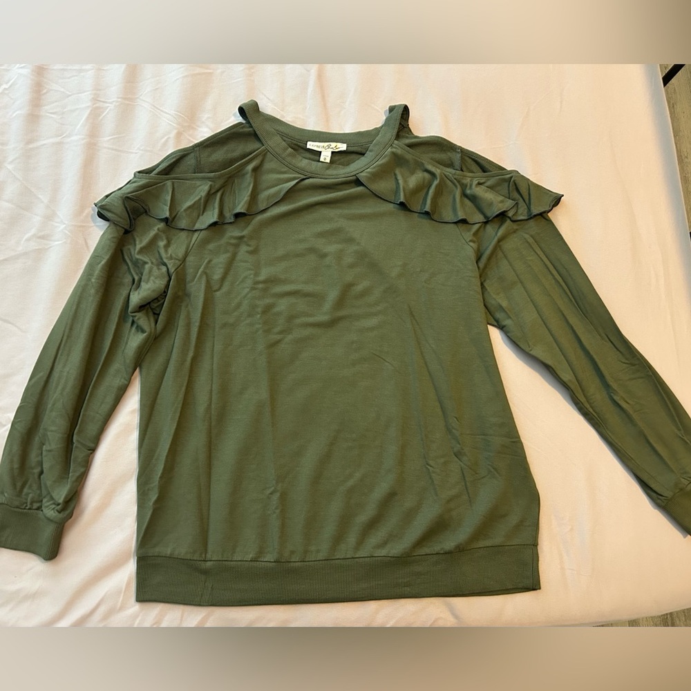 Express Women’s Olive Green Ruffled Long Sleeve Peek-A-Boo Shoulder Sweater - M